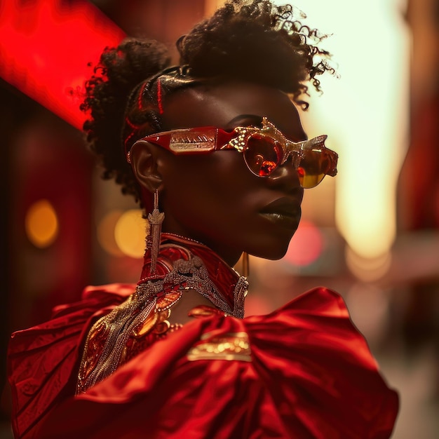 Stijlvolle Afro-vrouw met zonnebril op stadsstraat Urban fashion portret zomer levensstijl