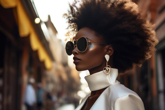 Stijlvolle Afro-vrouw met zonnebril op stadsstraat Urban fashion portret zomer levensstijl