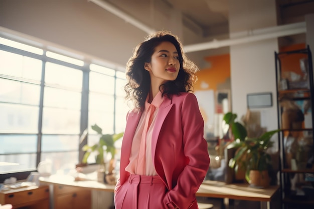 Stijlvolle Aziatische manager in een roze pak werkt in het kantoor zakenvrouw modetrends