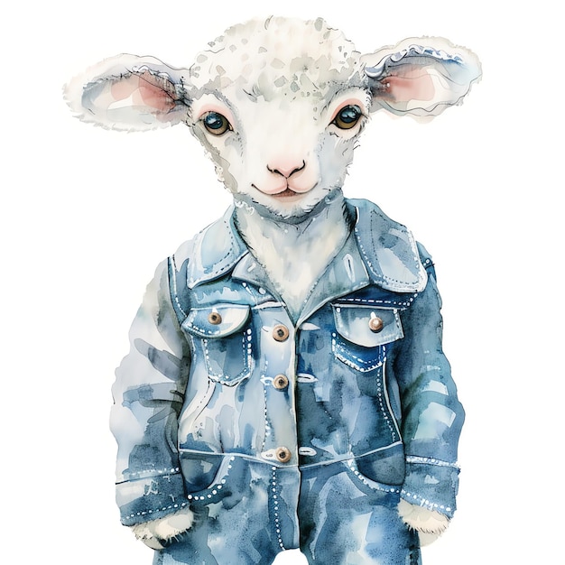 Stijlvolle baby schapen in een denim jumpsuit illustratie waterverf voor kwekerij voor muurkunst