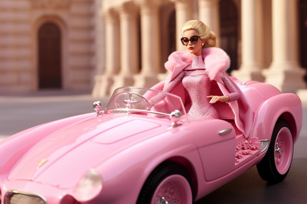 Foto stijlvolle barbie in barbie-auto