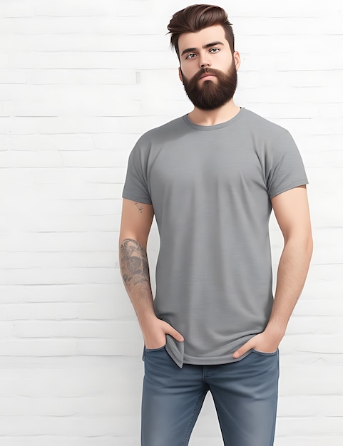 Stijlvolle bebaarde man in oversized grijs T-shirt en jeansmodel