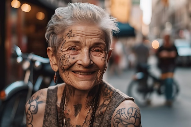 Stijlvolle bejaarde gelukkige vrouw in tatoeages glimlacht op straat van de stad Generatieve AI