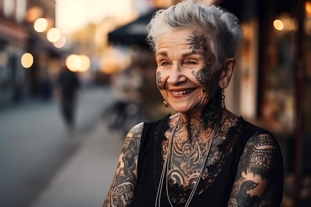 Stijlvolle bejaarde gelukkige vrouw in tatoeages glimlacht op straat van de stad Generatieve AI