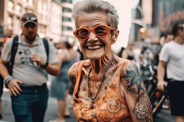 Stijlvolle bejaarde gelukkige vrouw in tatoeages in zonnebril glimlacht op straat van stad generatieve ai