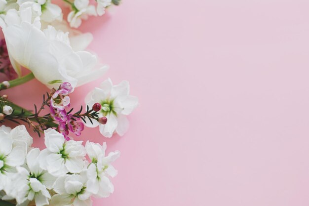 Stijlvolle bloemen liggen plat op een roze achtergrond met ruimte voor tekst Gelukkige vrouwendag en Moedersdag Mooie tulpen en voorjaarsbloemen grensgroetekaart sjabloon Bloemenbanner