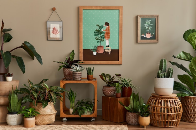 Stijlvolle botanische compositie van huistuininterieur met houten frame, gevuld met veel mooie kamerplanten, cactussen, vetplanten in verschillende designpotten en bloemenaccessoires.