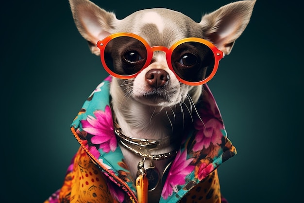 Foto stijlvolle chihuahuahond die een funky modejurk rockt genatieve ai