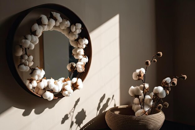 Foto stijlvolle cirkelvormige vaas gevuld met katoenbloemen wandmonteerbare schaduwen concept voor interieurdecoratie tekstruimte voor kopie