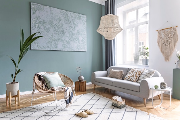 Stijlvolle compositie van creatief en gezellig woonkamerinterieur met grijze bank, salontafel, rotan fauteuil, planten, tapijt en prachtige boho-accessoires.