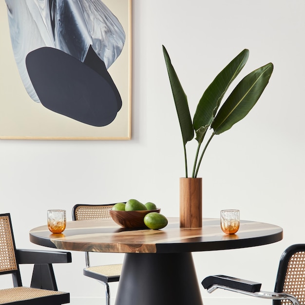 Stijlvolle compositie van eetkamer interieur met design tafel moderne stoelen decoratie tropisch blad in vaas fruit abstracte mock up schilderijen en elegante accessoires in home decor sjabloon