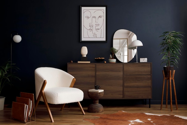 Stijlvolle compositie van elegant woonkamerinterieur met pluizige fauteuil, houten commode, mock-up posterframe en moderne woonaccessoires. Blauwe muur. Thuis enscenering. Sjabloon. Ruimte kopiëren.