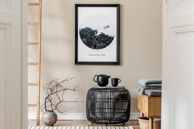 Foto stijlvolle compositie van gezellig en modern halinterieur met frame zwart ontworpen salontafel houten commode plant