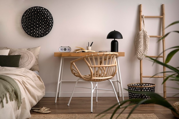Stijlvolle compositie van gezellige slaapkamer met mock-up beige beddengoed en houten fauteuil Mock-up poster met houten frame Home decor Template