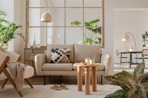 Stijlvolle compositie van modern woonkamerinterieur met frotte fauteuil bank planten houten commode bijzettafel en elegante woonaccessoires Home staging sjabloon Copy spacexA