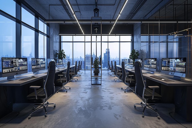 stijlvolle coworking kantoorkamer met stoel tafel pc en panoramisch raam met decoratie