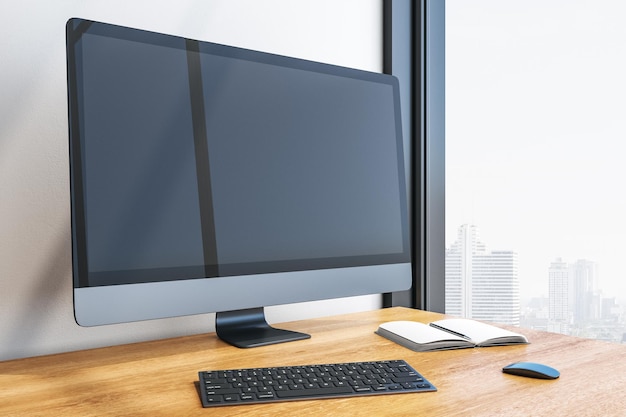 Stijlvolle designerdesktop met leeg computerscherm Mock up 3D Rendering