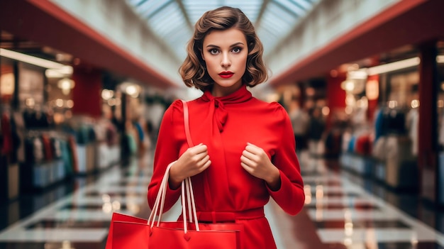 Stijlvolle elegante dame in rode jurk winkelen in het winkelcentrum