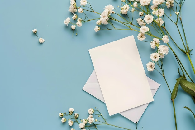 Foto stijlvolle elegante platte blauwe bloemengroeting uitnodigingspostkaart met kopieerruimte