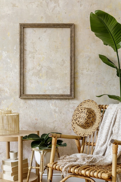 Stijlvolle en beige compositie van interieur met rotan fauteuil, frame, salontafel, boek, dienblad, decoratie, planten en persoonlijke accessoires in zomerconcept.