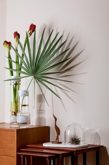 Stijlvolle en florale compositie van prachtige bloemen in moderne vazen op de retro houten commode met elegante accessoires. bloesemconcept met schaduwen op de beige muur. interieur ontwerp. sjabloon.