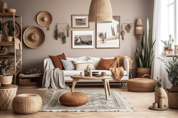 Stijlvolle en moderne boho geïnspireerde woonkamer met tapijt rattan meubels kussens planten foto muur decoratie en persoonlijke accessoires Natuurlijke huis decor boho kamer interieur AI gegenereerd beeld