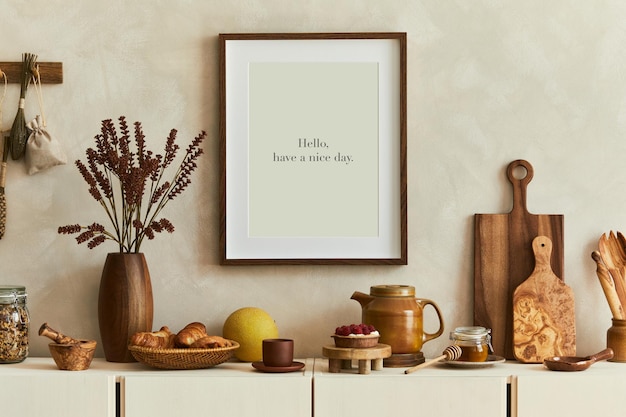 Stijlvolle en moderne keukeninterieursamenstelling met mock-up posterframe, beige houten dressoir, planten en retro-geïnspireerde accessoires. Sjabloon. Herfst vibes.