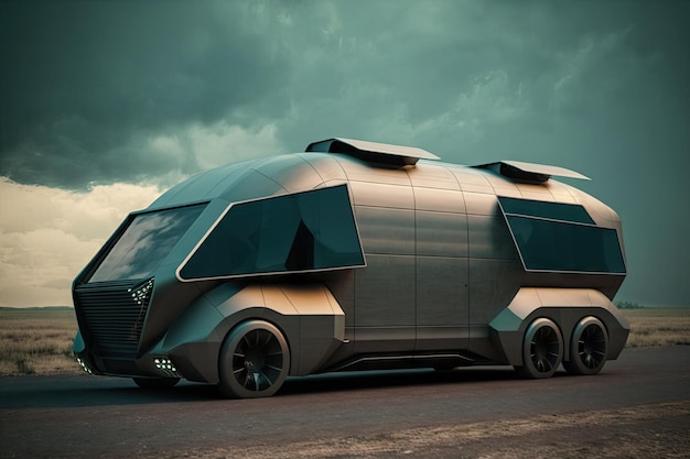 Stijlvolle futuristische bestelwagen voor de lange termijn van de toekomst met beschermende glazen luifel