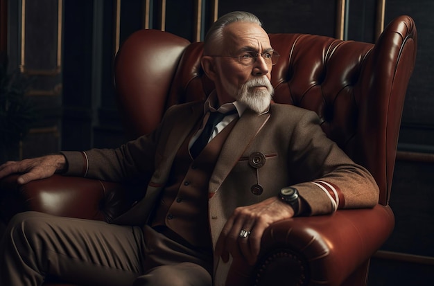 Foto stijlvolle grootvader zit in een lederen stoel knappe oudere man luxe verzorgd ontspannen in een fauteuil genereren ai