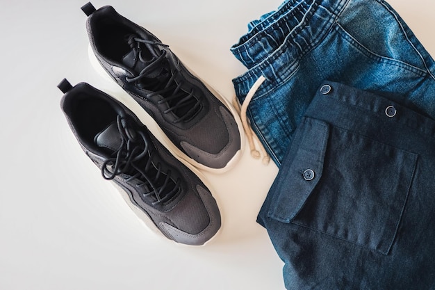 Stijlvolle herensneakers jeans en jas plat bovenaanzicht