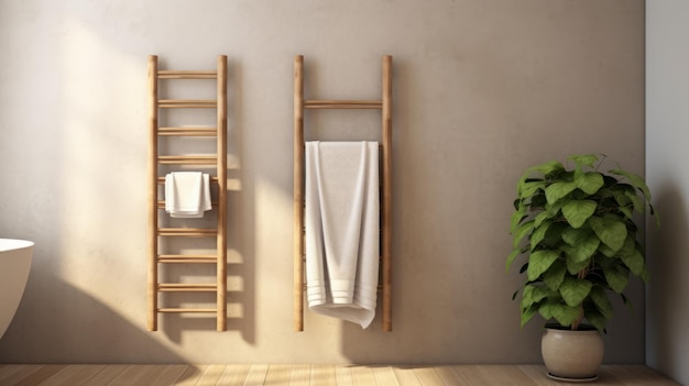 Foto stijlvolle houten ladder handdoekrek voor modern badkamerdecoratie