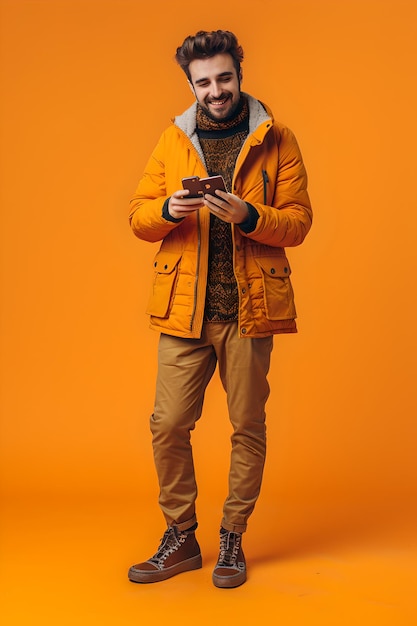 Stijlvolle jonge man in herfstjas met een tablet op een fel oranje achtergrond Casual urban fashion look Trendy streetwear kleding AI