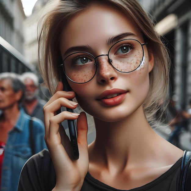 Stijlvolle jonge vrouw die tijdens het gouden uur op een drukke stadsstraat aan de telefoon praat