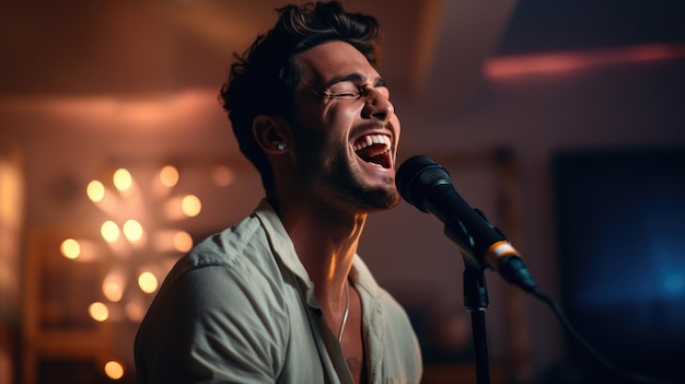 Stijlvolle jongeman zingt in een microfoon op een huisfeestje