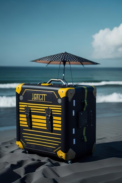 Stijlvolle koffer op het strand met oceaan op de achtergrond Generatieve AI