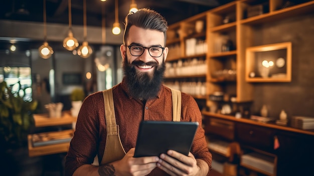 Stijlvolle lachende bebaarde man die voor een kapperszaak staat en een tablet vasthoudtGemaakt met generatieve AI-technologie