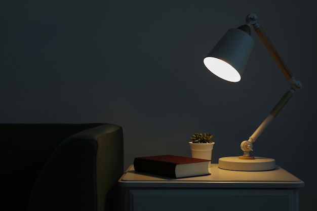 Stijlvolle lamp kamerplant met boek op witte bijzettafel en zachte bank binnenshuis Interieurontwerp