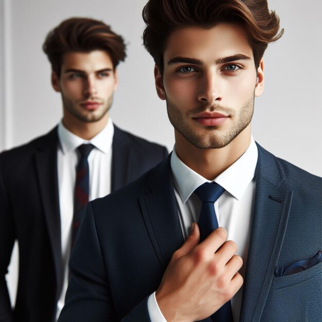 Stijlvolle man in blauw pak en stropdas exemplificeert corporate verfijning tegen een eenvoudige achtergrond