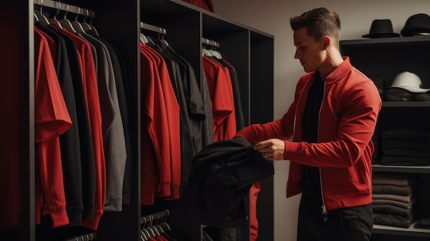 Stijlvolle man in de kleedkamer, stijl en mannenmode, zwarte en rode kleuren.