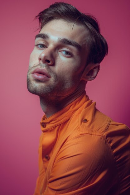 Stijlvolle man in oranje shirt poseert voor een foto generatieve AI