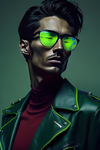 Stijlvolle man met zonnebril en kleding met groene details Generatieve AI