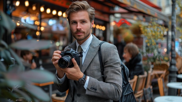 Stijlvolle mannelijke fotograaf met camera klaar op een stedelijk café achtergrond modieus gekleed in een sma