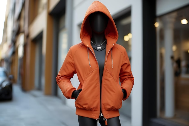 Stijlvolle mannequin in een modieus oranje jasje op een stadsstraat