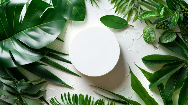 Stijlvolle minimalistische flatlay mock-up van een wit rond podium voor een biologisch natuurlijk cosmetisch presentatieconcept op een groen bos verse bladeren natuur achtergrond