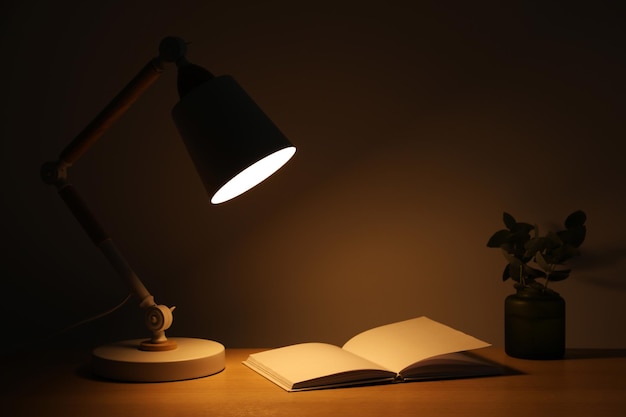 Stijlvolle moderne bureaulamp open boek en plant op houten tafel bij muur in donkere kamer