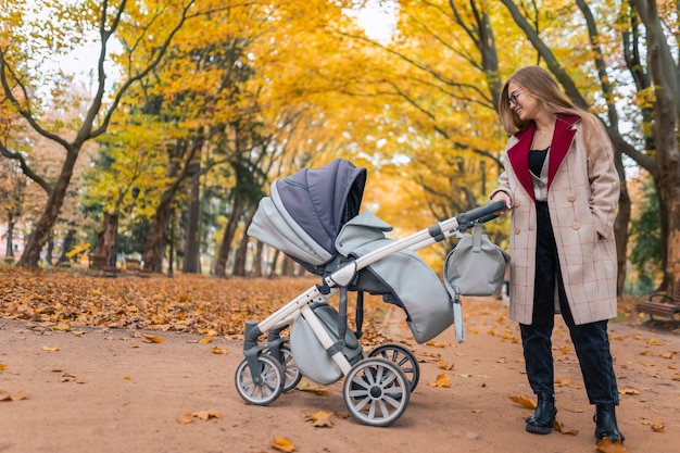 Stijlvolle moeder met kinderwagen in herfst park