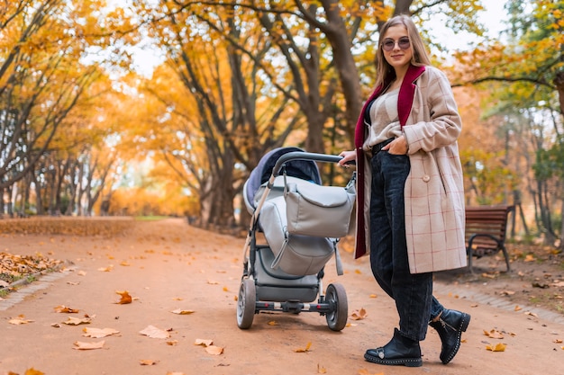 Stijlvolle moeder met kinderwagen in herfst park