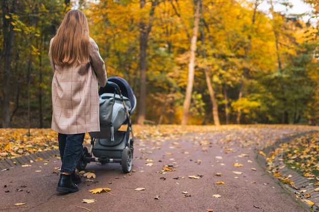 Stijlvolle moeder met kinderwagen in herfst park