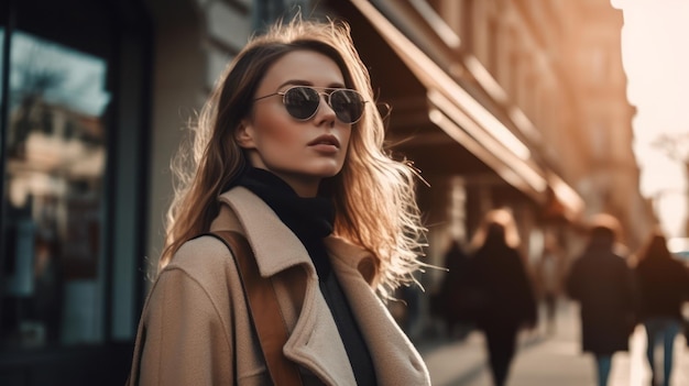 Stijlvolle mooie vrouw die door de straat loopt