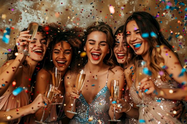 Stijlvolle, multiculturele vrouwen drinken met champagne en confetti, vieren in elegantie en vreugdevolle eenheid.